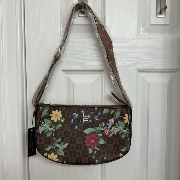 London Fog Iris Signature Shoulder Bag Brown Cognac Floral Pattern Graphic Brown - Picture 1 of 8